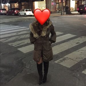 Mackage Candice Brown Mid Length Puffer Parka w/ Fur Trim Hood